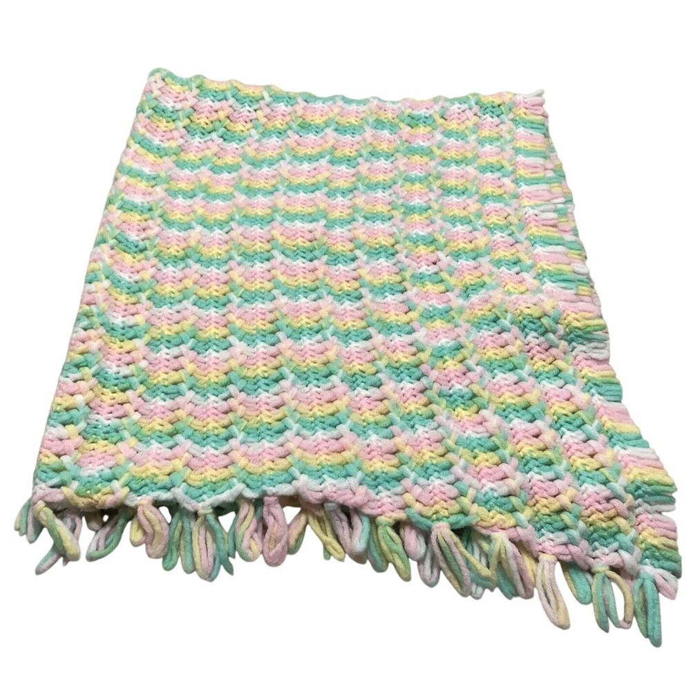 Handmade Crochet Baby Blanket Afghan Nursery Pastel Pink Green 40x36